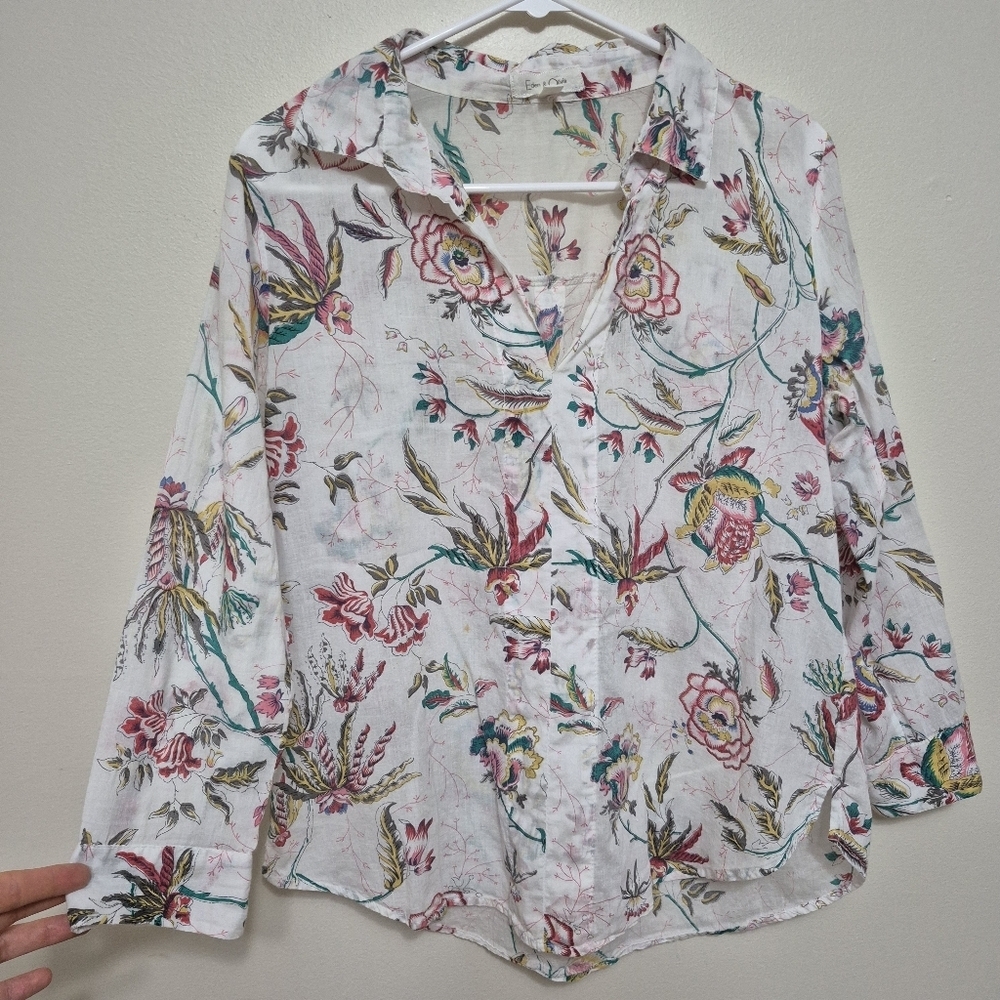 Eden & Olivia White Boho Summer Floral Cotton Gauze V-Neck Blouse Size M - Picture 2 of 6